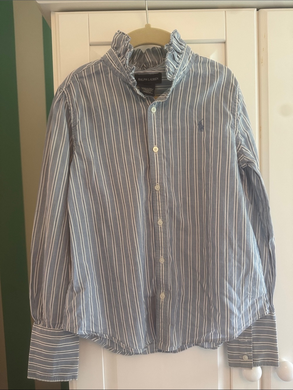 Ralph Lauren Light Blue & White Striped Ruffle Collar Button-Down Shirt